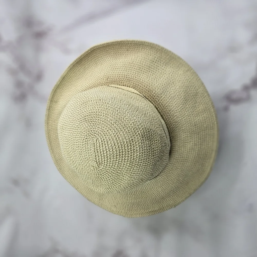 Vintage Sun Hat Floppy 90s Ladies Wide Brim Beach Shade Fabric Soft Straw S M - Picture 6 of 8
